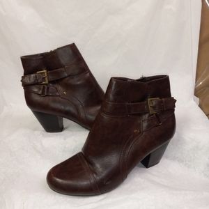 Rialto Ankle Boots CAITLIN Brown Faux Leather 2.5" Heels 2 Buckles Side Zip 7.5M